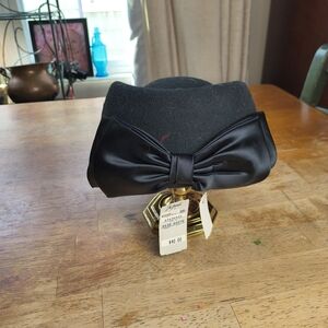 Vintage nwt black wool pill box hat with rhinestones and big bow
